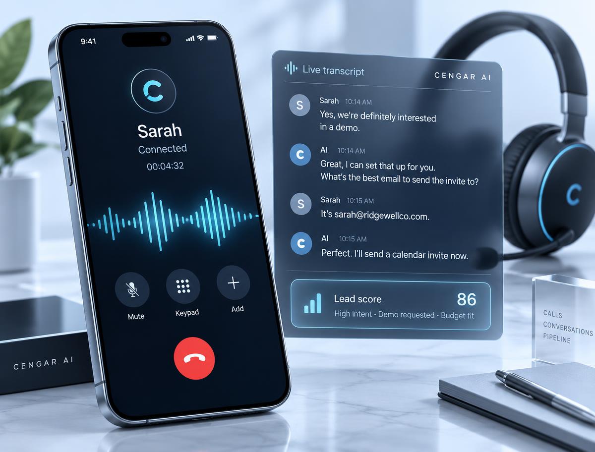 Illustration of an AI phone call with its transcript and lead score