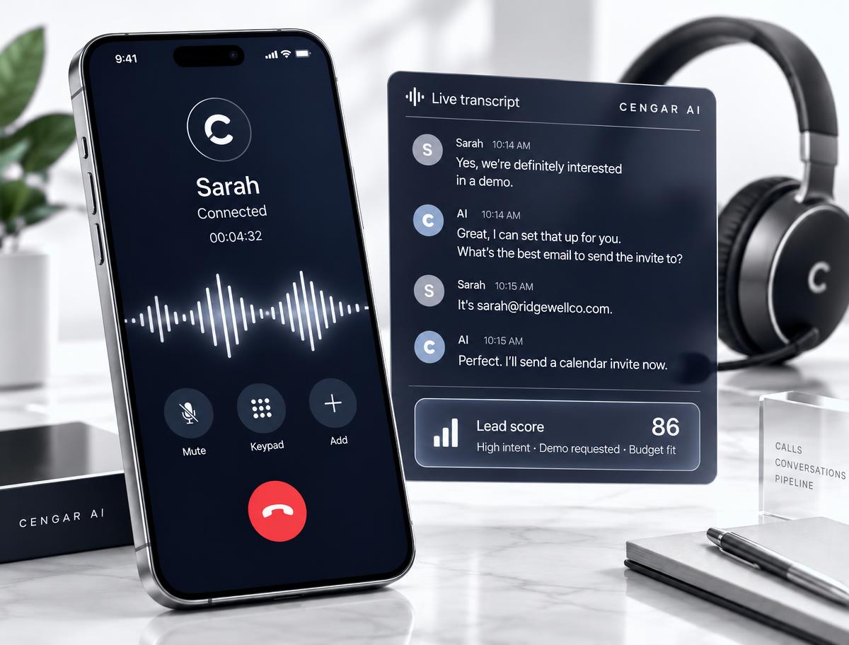 Illustration of an AI phone call with its transcript and lead score