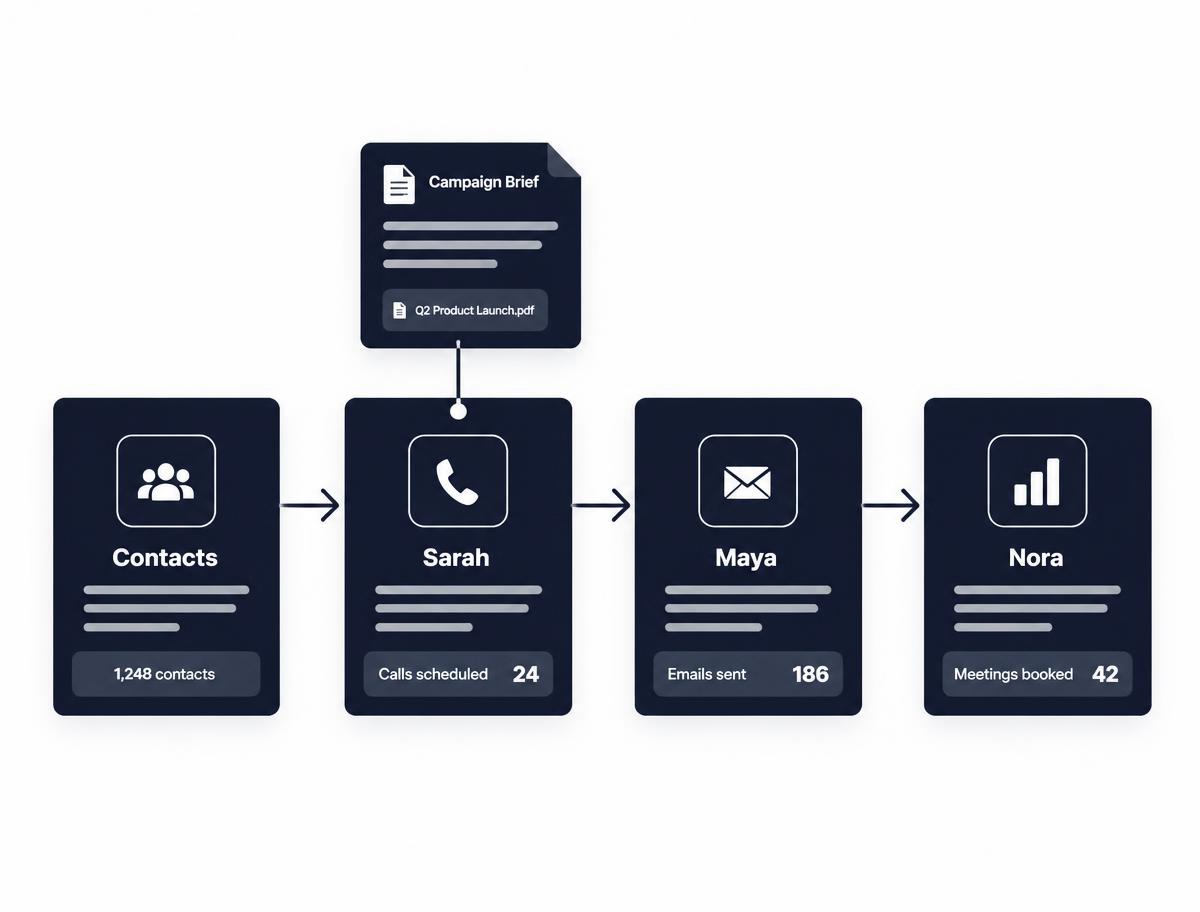 Illustration of contacts connected to Sarah, Maya and Nora in a campaign