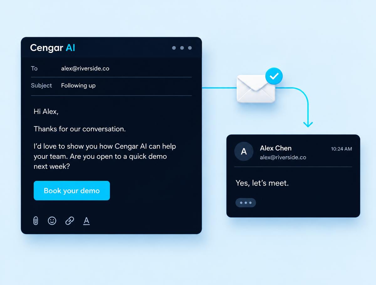 Illustration of a follow-up email, demo invitation and positive reply