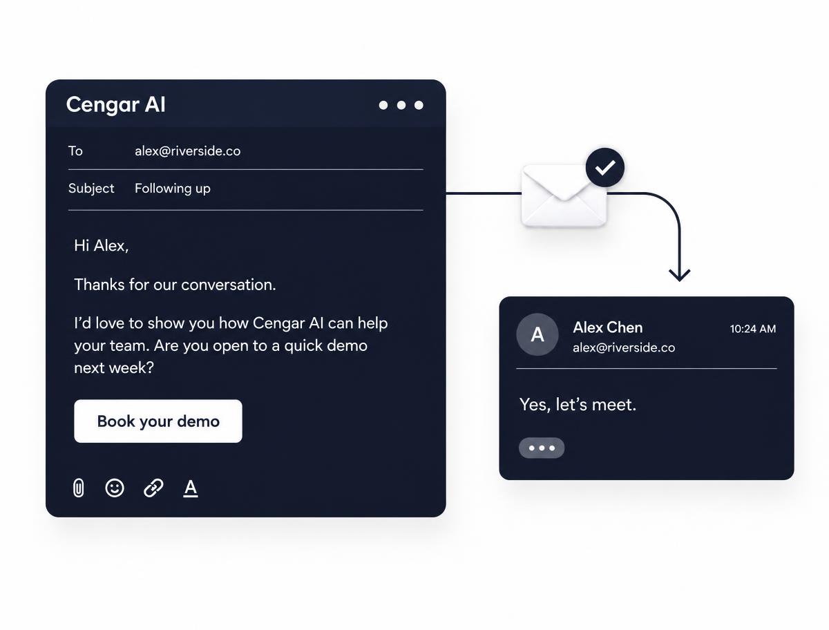 Illustration of a follow-up email, demo invitation and positive reply
