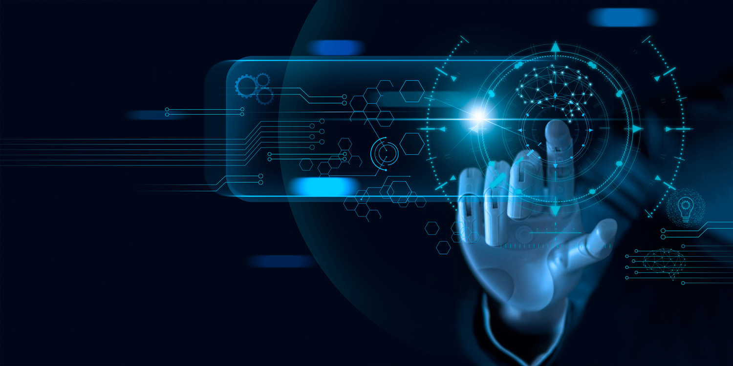 Machine learning. Hand of robot touching on binary data. Futuristic Artificial intelligence (AI). Deep Learning. Brain representing. Algorithm and innovative. Neural Network. Big data visualization.